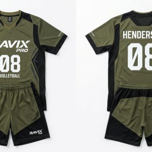 Custom Olive and Black Volleyball Uniform – front and back view, custom manufactured by Ravix Pro Industry, Sialkot