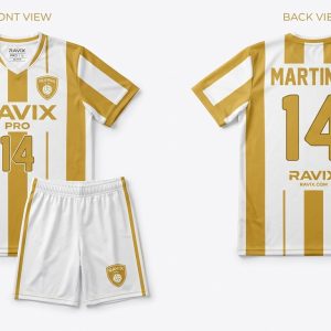 Custom White and Gold Stripe Volleyball Uniform – front and back view, custom manufactured by Ravix Pro Industry, Sialkot