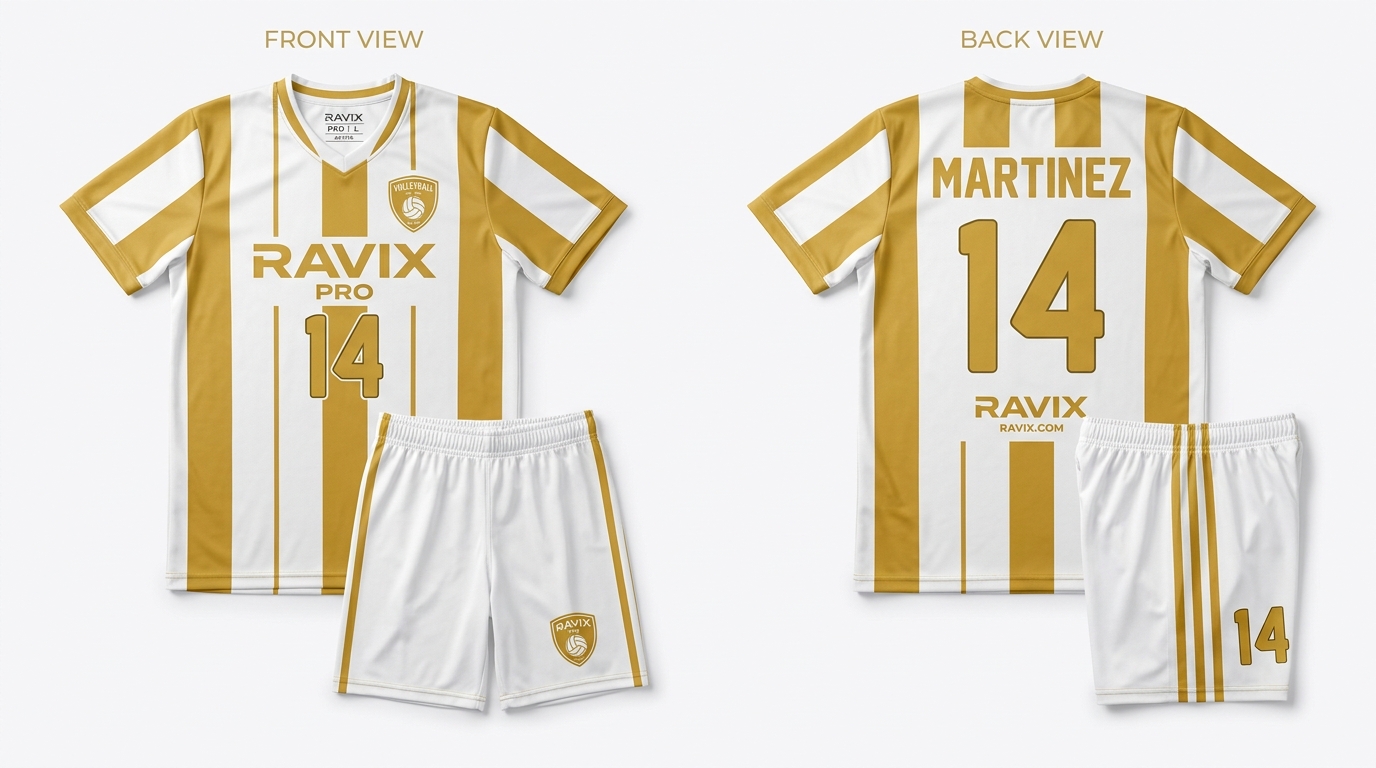 Custom White and Gold Stripe Volleyball Uniform Custom White and Gold Stripe Volleyball Uniform – front and back view, custom manufactured by Ravix Pro Industry, Sialkot