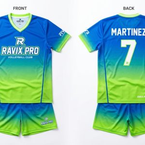 Custom Blue to Lime Gradient Volleyball Uniform – front and back view, custom manufactured by Ravix Pro Industry, Sialkot