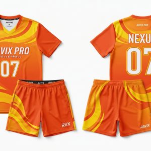 Custom Orange Flame Volleyball Uniform – front and back view, custom manufactured by Ravix Pro Industry, Sialkot