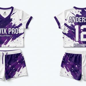 Custom Purple and White Splash Volleyball Uniform – front and back view, custom manufactured by Ravix Pro Industry, Sialkot