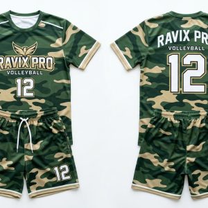 Custom Camo Volleyball Uniform – front and back view, custom manufactured by Ravix Pro Industry, Sialkot