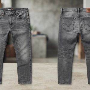 Custom Grey Wash Relaxed Jeans with Front Logo – front and back view, custom manufactured by Ravix Pro Industry, Sialkot