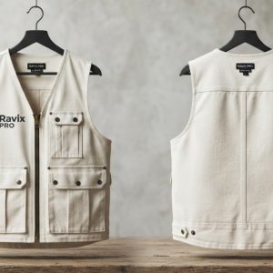 Custom Cream Utility Vest with Pockets – front and back view, custom manufactured by Ravix Pro Industry, Sialkot