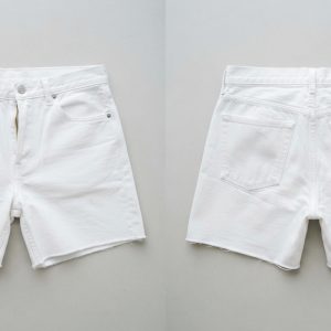 Custom White Denim Shorts with Black Back Print – front and back view, custom manufactured by Ravix Pro Industry, Sialkot