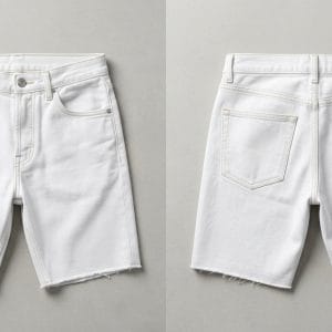 Custom White Denim Shorts with Pocket Print – front and back view, custom manufactured by Ravix Pro Industry, Sialkot
