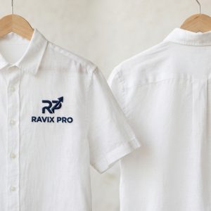Custom White Short Sleeve Shirt with Navy Logo – front and back view, custom manufactured by Ravix Pro Industry, Sialkot