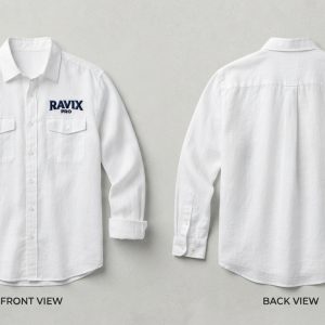 Custom White Long Sleeve Work Shirt with Logo – front and back view, custom manufactured by Ravix Pro Industry, Sialkot