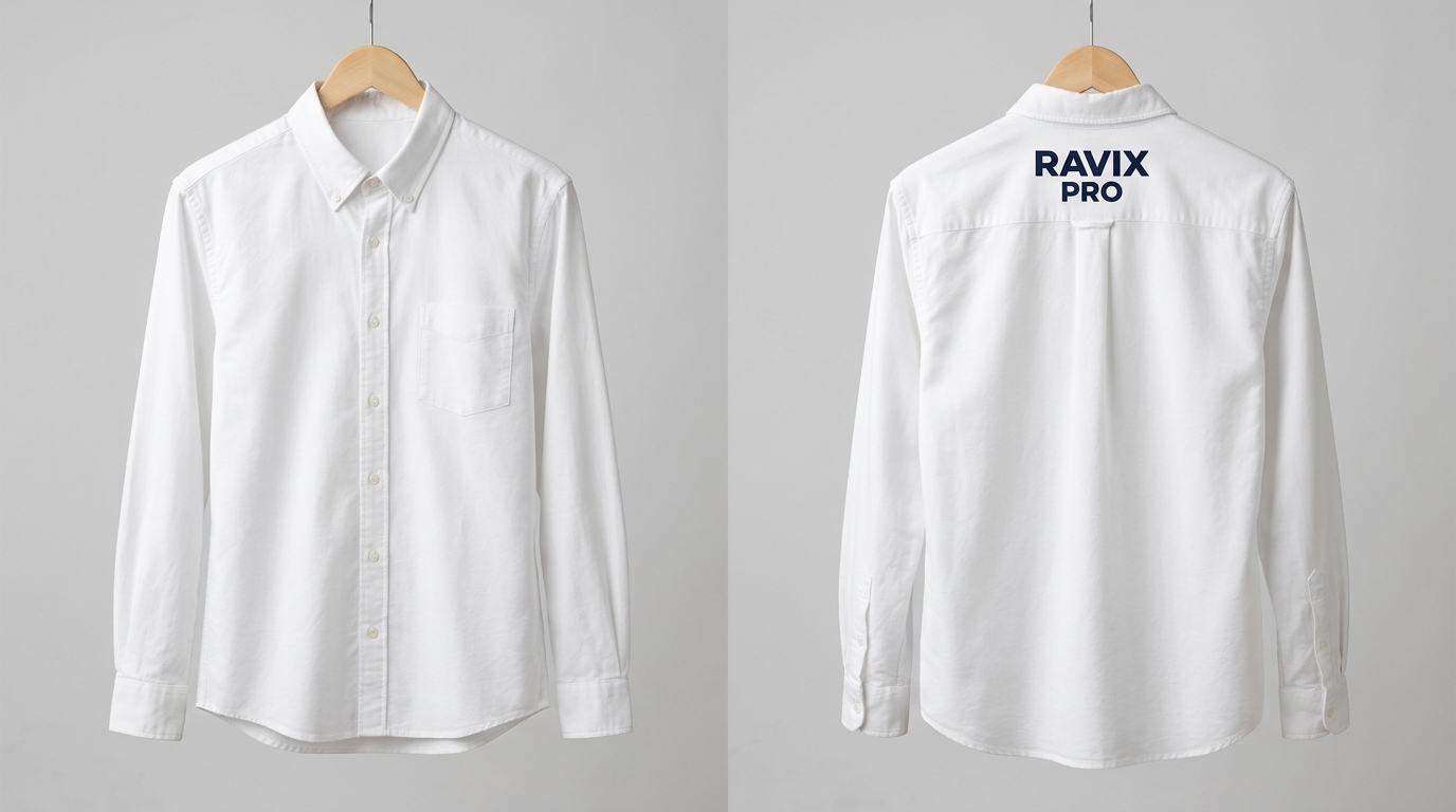 Custom White Dress Shirt with Back Yoke Logo Custom White Dress Shirt with Back Yoke Logo – front and back view, custom manufactured by Ravix Pro Industry, Sialkot