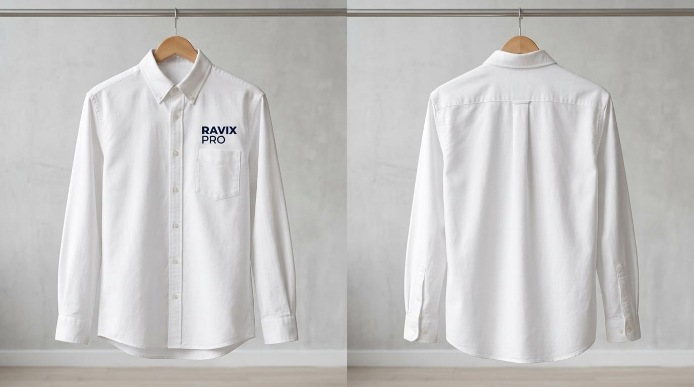 Custom White Oxford Shirt with Embroidered Logo Custom White Oxford Shirt with Embroidered Logo – front and back view, custom manufactured by Ravix Pro Industry, Sialkot