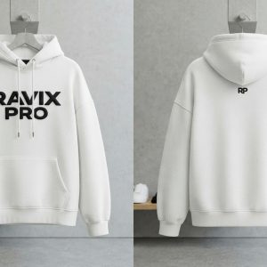 Custom White Hoodie with Bold Black Print – front and back view, custom manufactured by Ravix Pro Industry, Sialkot