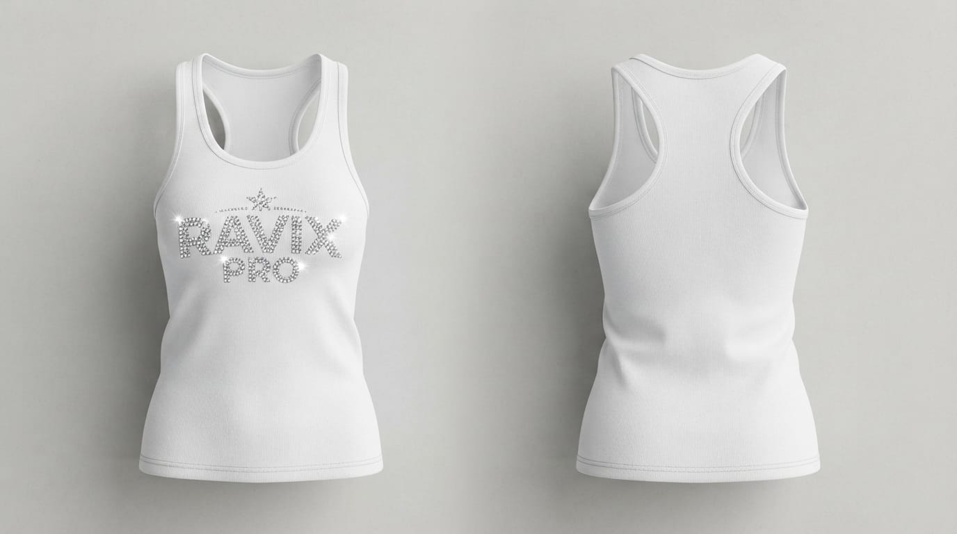Custom White Racerback Tank with Rhinestone Logo Custom White Racerback Tank with Rhinestone Logo – front and back view, custom manufactured by Ravix Pro Industry, Sialkot