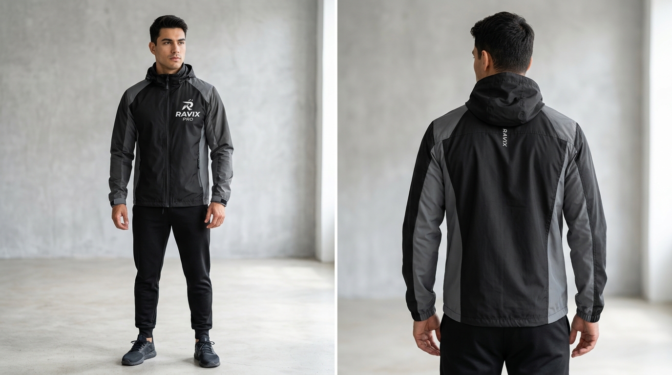 Custom Black and Grey Hooded Softshell Jacket Custom Black and Grey Hooded Softshell Jacket – front and back view, custom manufactured by Ravix Pro Industry, Sialkot
