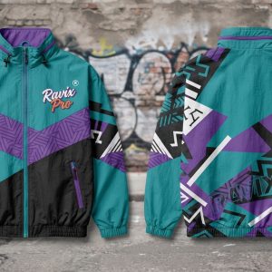 Custom Retro Graffiti Pattern Windbreaker Jacket – front and back view, custom manufactured by Ravix Pro Industry, Sialkot
