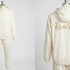 Custom Cream Hooded Tracksuit with Gold Script – front and back view, custom manufactured by Ravix Pro Industry, Sialkot