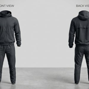 Custom Charcoal Hooded Windbreaker Set – front and back view, custom manufactured by Ravix Pro Industry, Sialkot