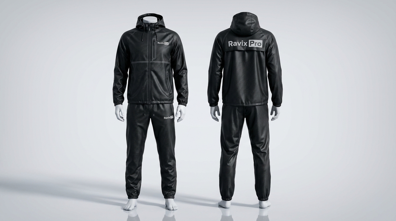 Custom Black Hooded Windbreaker with Patch Logo Custom Black Hooded Windbreaker with Patch Logo – front and back view, custom manufactured by Ravix Pro Industry, Sialkot