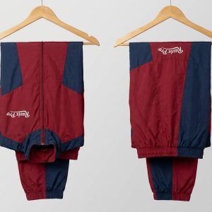 Custom Red and Navy Panelled Track Pants – front and back view, custom manufactured by Ravix Pro Industry, Sialkot