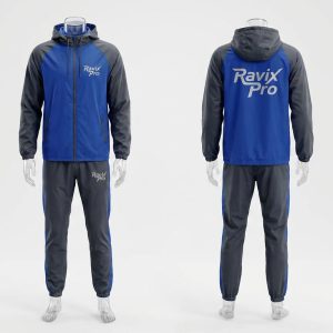 Custom Blue and Grey Hooded Training Tracksuit – front and back view, custom manufactured by Ravix Pro Industry, Sialkot