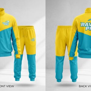 Custom Yellow and Turquoise Sublimated Tracksuit – front and back view, custom manufactured by Ravix Pro Industry, Sialkot