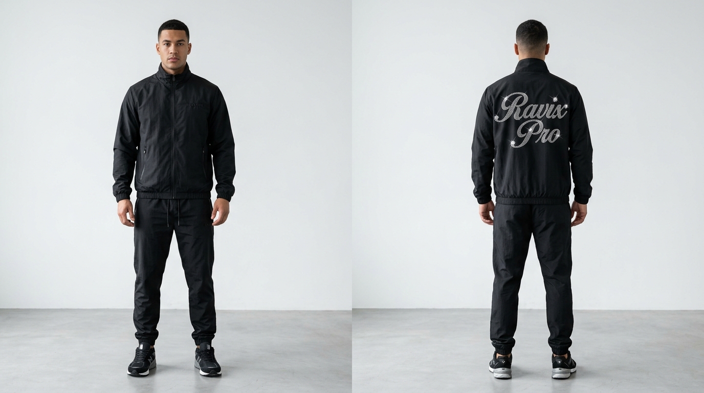 Custom Black Tracksuit with Script Back Logo Custom Black Tracksuit with Script Back Logo – front and back view, custom manufactured by Ravix Pro Industry, Sialkot