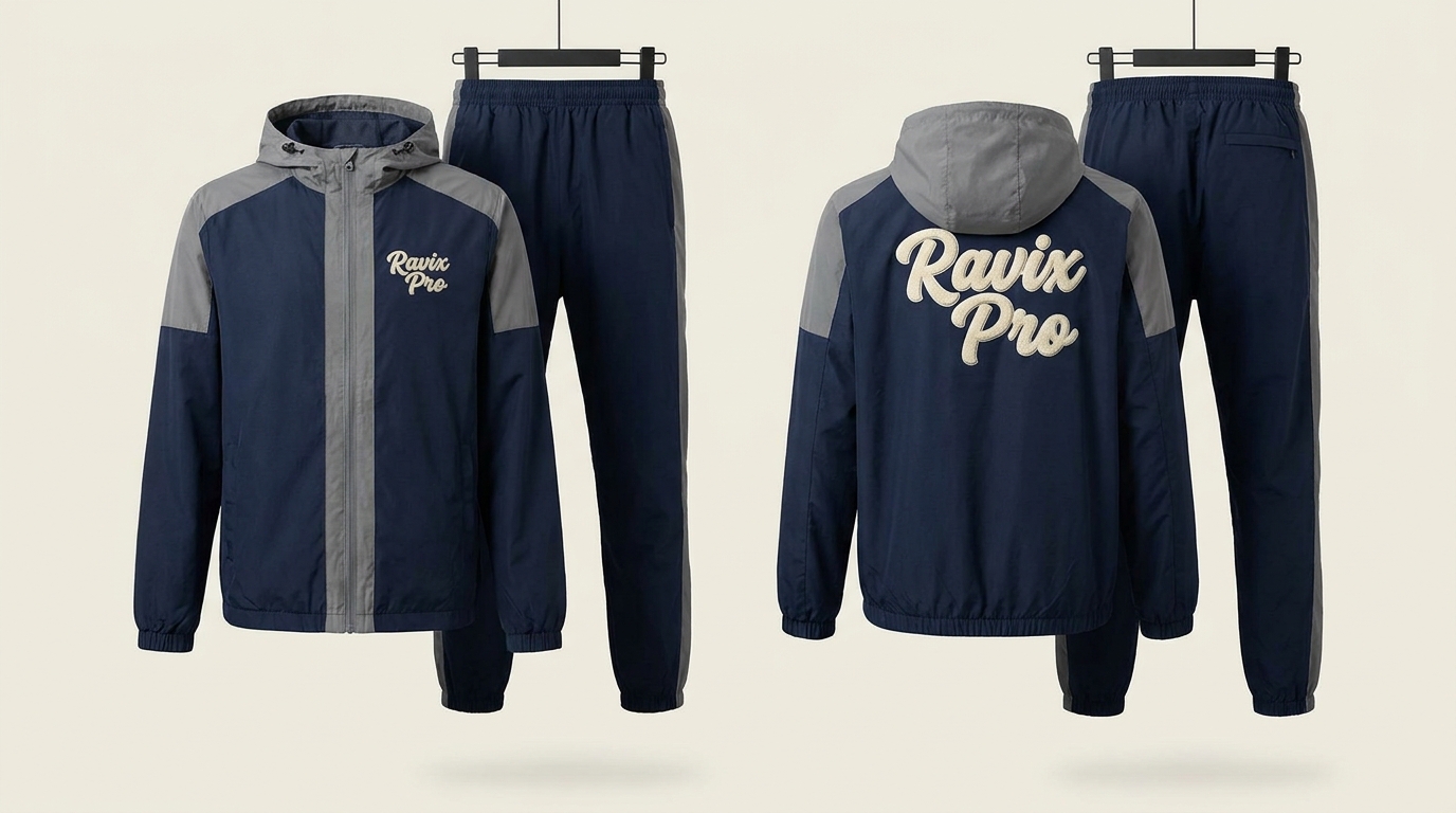 Custom Navy and Grey Hooded Tracksuit with Cream Script Custom Navy and Grey Hooded Tracksuit with Cream Script – front and back view, custom manufactured by Ravix Pro Industry, Sialkot