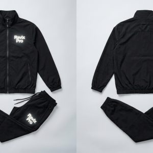 Custom Black Track Jacket and Pants Set – front and back view, custom manufactured by Ravix Pro Industry, Sialkot