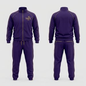 Custom Purple Tracksuit with Gold Piping – front and back view, custom manufactured by Ravix Pro Industry, Sialkot
