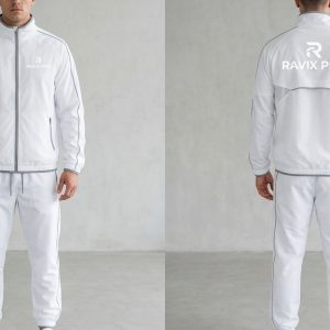 Custom White Tracksuit with Grey Piping and Back Logo – front and back view, custom manufactured by Ravix Pro Industry, Sialkot