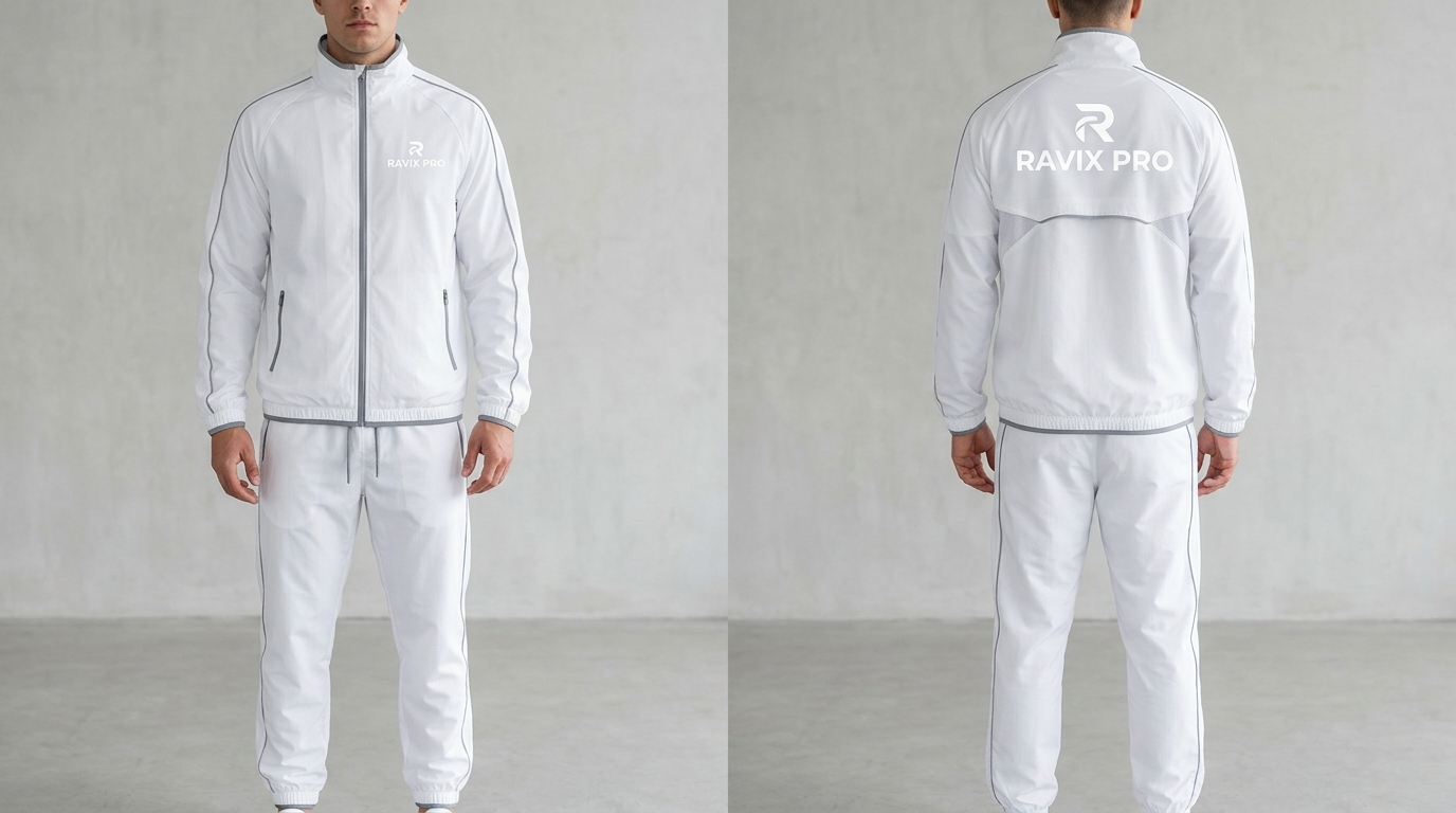 Custom White Tracksuit with Grey Piping and Back Logo Custom White Tracksuit with Grey Piping and Back Logo – front and back view, custom manufactured by Ravix Pro Industry, Sialkot