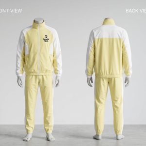 Custom Pale Yellow and White Tracksuit – front and back view, custom manufactured by Ravix Pro Industry, Sialkot