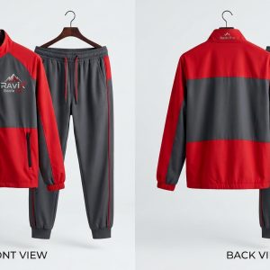 Custom Red and Grey Fleece Tracksuit – front and back view, custom manufactured by Ravix Pro Industry, Sialkot