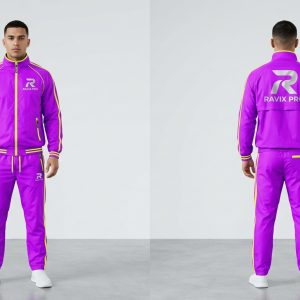 Custom Magenta Tracksuit with White Stripes – front and back view, custom manufactured by Ravix Pro Industry, Sialkot