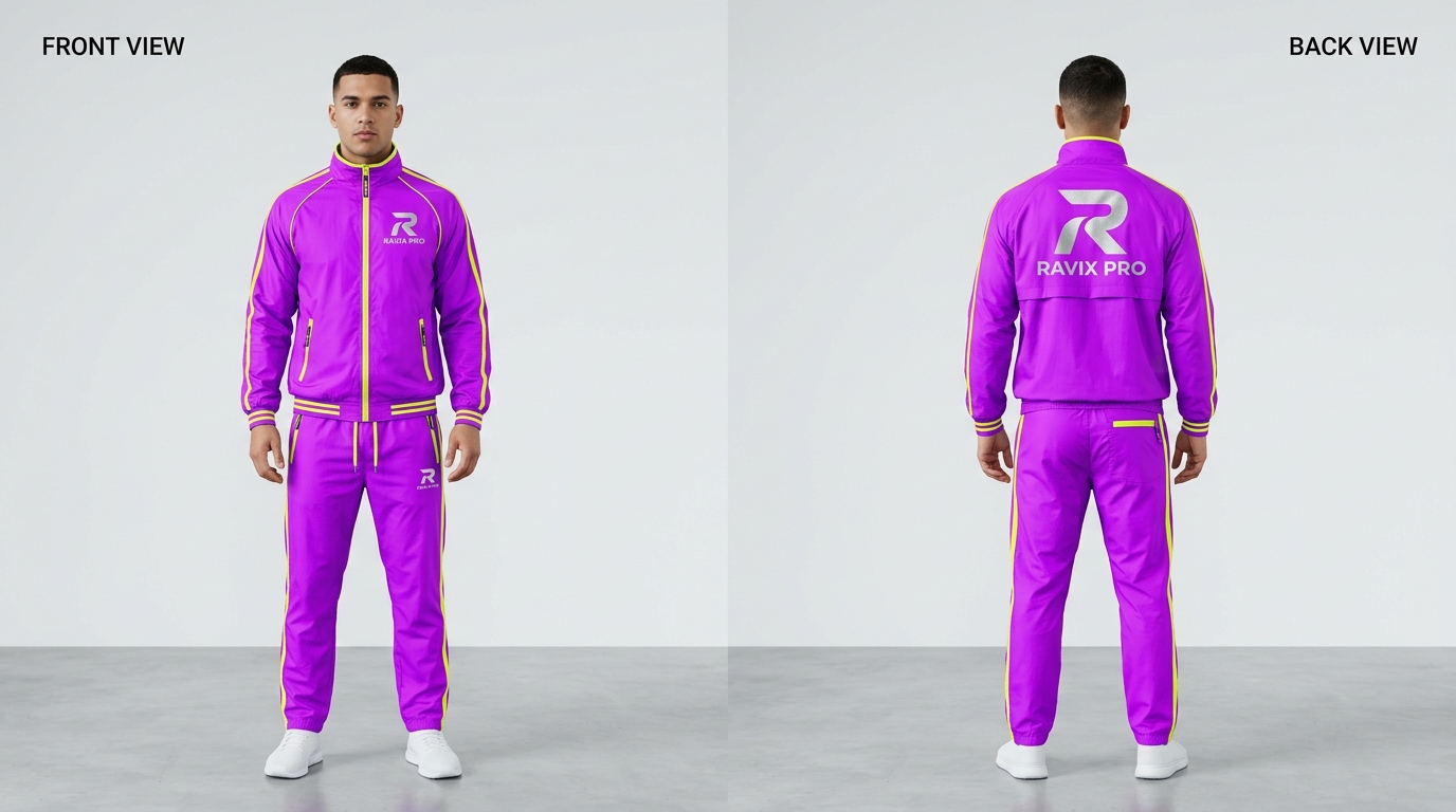 Custom Magenta Tracksuit with White Stripes Custom Magenta Tracksuit with White Stripes – front and back view, custom manufactured by Ravix Pro Industry, Sialkot