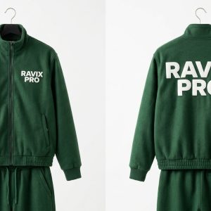 Custom Green Fleece Tracksuit with Bold Back Logo – front and back view, custom manufactured by Ravix Pro Industry, Sialkot