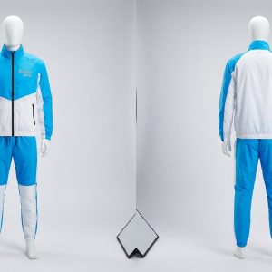 Custom Sky Blue and White Hooded Windbreaker Set – front and back view, custom manufactured by Ravix Pro Industry, Sialkot