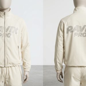 Custom Cream Tracksuit with Tonal Print – front and back view, custom manufactured by Ravix Pro Industry, Sialkot