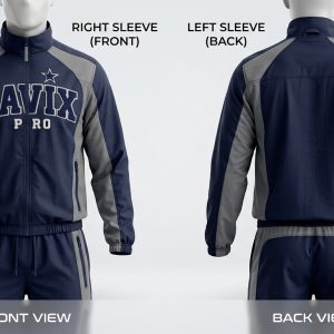 Custom Navy and Grey Windbreaker Tracksuit with Sleeve Prints – front and back view, custom manufactured by Ravix Pro Industry, Sialkot