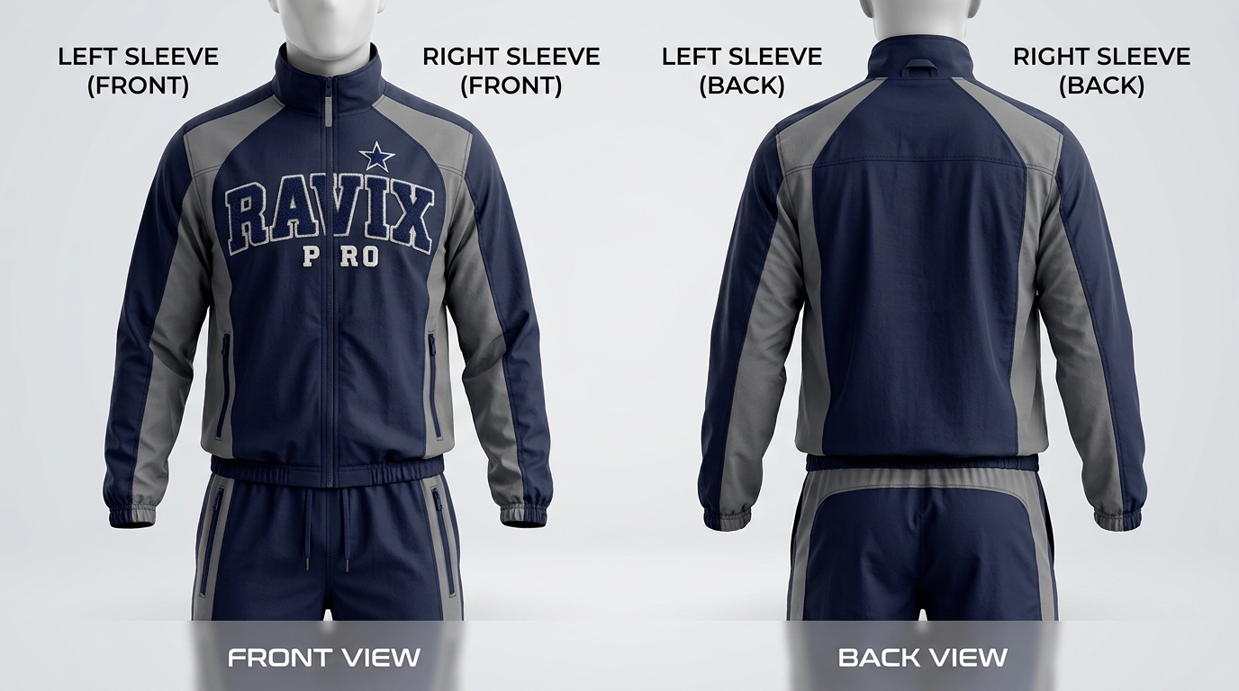 Custom Navy and Grey Windbreaker Tracksuit with Sleeve Prints Custom Navy and Grey Windbreaker Tracksuit with Sleeve Prints – front and back view, custom manufactured by Ravix Pro Industry, Sialkot