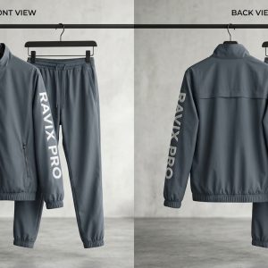 Custom Slate Windbreaker Tracksuit with Sleeve Print – front and back view, custom manufactured by Ravix Pro Industry, Sialkot