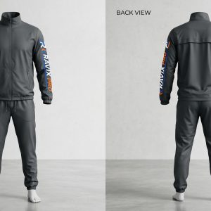Custom Charcoal Tracksuit with Sleeve Print – front and back view, custom manufactured by Ravix Pro Industry, Sialkot