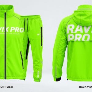 Custom Neon Green Hooded Tracksuit – front and back view, custom manufactured by Ravix Pro Industry, Sialkot