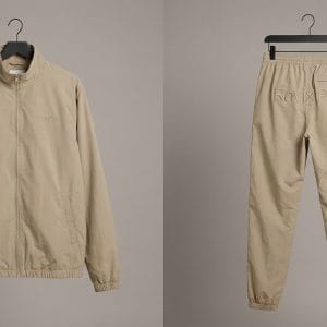 Custom Beige Zip Jacket and Jogger Set – front and back view, custom manufactured by Ravix Pro Industry, Sialkot