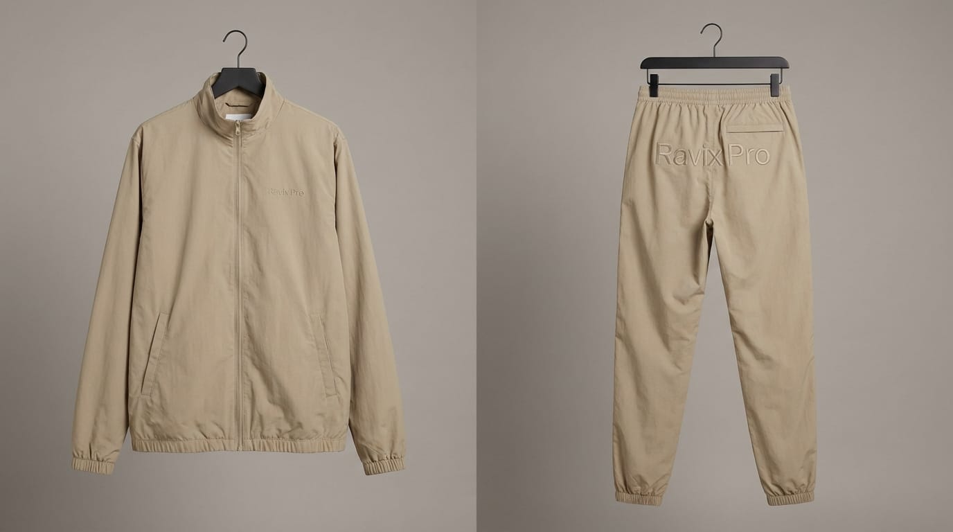 Custom Beige Zip Jacket and Jogger Set Custom Beige Zip Jacket and Jogger Set – front and back view, custom manufactured by Ravix Pro Industry, Sialkot