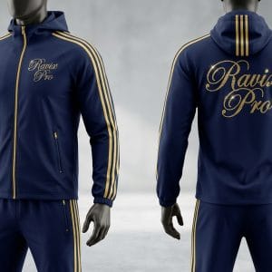 Custom Navy Hooded Tracksuit with Gold Stripes – front and back view, custom manufactured by Ravix Pro Industry, Sialkot