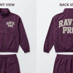 Custom Plum Windbreaker Tracksuit with Varsity Lettering – front and back view, custom manufactured by Ravix Pro Industry, Sialkot