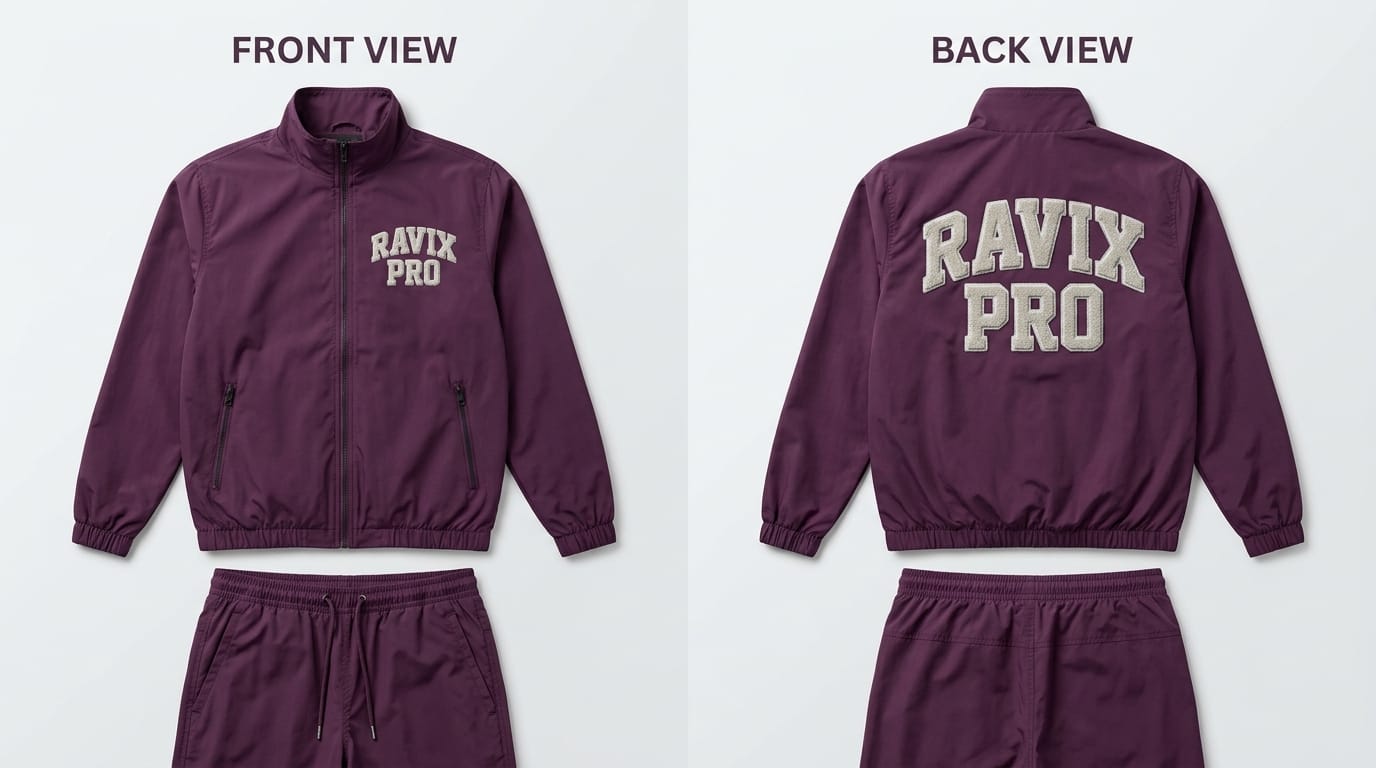 Custom Plum Windbreaker Tracksuit with Varsity Lettering Custom Plum Windbreaker Tracksuit with Varsity Lettering – front and back view, custom manufactured by Ravix Pro Industry, Sialkot