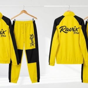 Custom Yellow and Black Tracksuit with Script Logo – front and back view, custom manufactured by Ravix Pro Industry, Sialkot