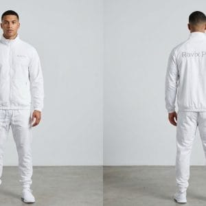 Custom White Tracksuit with Tonal Logo – front and back view, custom manufactured by Ravix Pro Industry, Sialkot